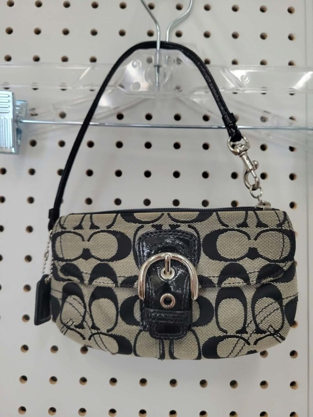 Coach Black & Beige Signature C Wristlet With Patent Leather Trim & Silver Buckl